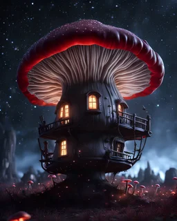 An illogically floating mushroom house on a clear night. white black, Stars Dark cosmic interstellar. Detailed Matte Painting, deep color, fantastical, intricate detail, splash screen, hyperdetailed, insane depth, concept art, 8k resolution, trending on Artstation, Unreal Engine 5, color depth, backlit, splash art, dramatic, High Quality Whimsical Fun Imaginative Bubbly, perfect composition