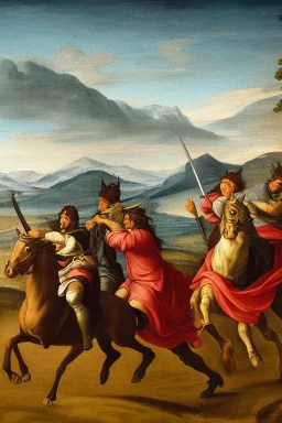 renaissance painting of mounted knights galloping across an open field, swords in hand, mountains in distance