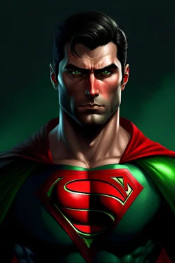 superman estilo de pelo fade, ojos verdes, ropa negra y roja