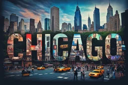 Prompt : A striking high-contrast, cinematic photo-style vertical collage that captures the essence of the City. Each letter of "CHICAGO" is represented by a dynamic and vibrant scene, with different iconic landmarks and moments in time. Grand buildings and Parks dominate the background, while smaller scenes such as bustling street life, yellow taxis, and people performing various activities fill the foreground. The overall mood is energetic and lively, with an emphasis on the vibrant spirit of