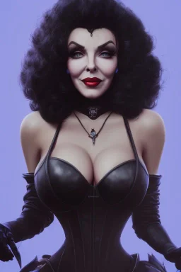 Joan Collins as evil queen in black leather, leather, busty, cleavage, angry, stern look. character design by cory loftis, fenghua zhong, ryohei hase, ismail inceoglu and ruan jia. unreal engine 5, artistic lighting, highly detailed, photorealistic, fantasy