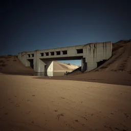 Fotografia di un grande ponte moderno brutalista, che sembra un tugurio, parzialmente sommerso. La struttura è erosa e inglobata dal paesaggio naturale, come se il tempo o l'ambiente avessero iniziato a "riassorbirla". Notte. L'atmosfera è desolata e surreale, con un ambiente circostante spoglio e sabbioso hasselblad h6d400c --ar 85:128 --v 6.0