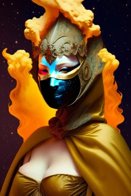 Planet Venus portrayed as a beautiful masked woman wearing medieval robes, her mask is smooth, her sihlouette is engulfed in sulfuric vapor and translucid fire, none of her skin can be seen