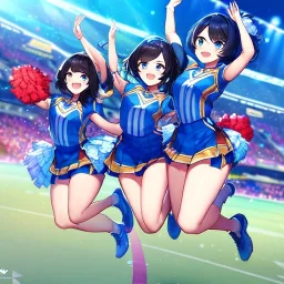 Clear focus,High resolution, Black short fluffy hair, and blue eyes, wearing a cheerleader outfit, smiling, jumping, hands in air, short skirt