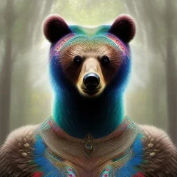 portrait of bear peacock as cute woman, fine pencil, spray paint, chalk, blurred forest background, mist, sunrays