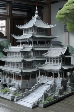 A gray monastery made out if steel painted by Qiu Ying
