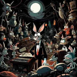 dark colours bugs bunny being a composer piano violin and is surrounded by swarm pig pig swinewasp swine pigpen pigsty on an diffrent planet cosmos lovecraft