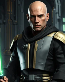 star wars bald male corellian jedi pilot wearing black and gunmetal grey old republic armored robes with gold trim inside the jedi temple holding a lightsaber with viridian green blade in left hand, centered head and shoulders portrait, hyperdetailed, dynamic lighting, hyperdetailed background, 8k resolution, volumetric lighting, light skin, fully symmetric details