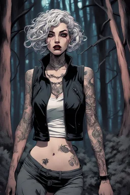 tattooed vampire girl showing fangs with short cropped curly cyberpunk hair wandering in tangled forest in the moonlight