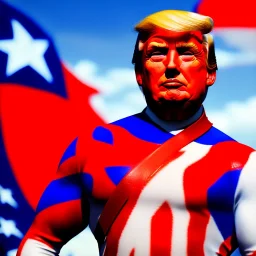 Realistic image of Donald trump super hero, retro style, watchmen style, red white blue colors, white stars, suspenders, latex material, 80s, vibrant color, highly detailed, sky background, concept art, unreal engine 5, god rays, ray tracing, RTX, lumen lighting, ultra detail, volumetric lighting, 3d, finely drawn, high definition, high resolution.