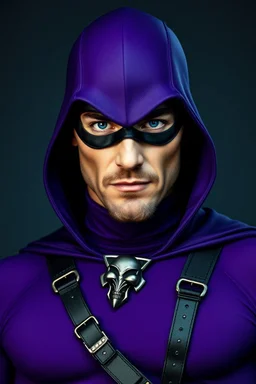 full-length, A portrait of a the Phantom, a man with piercing blue eyes, a chiseled jaw, goatee, timeless face, stern expression, Wearing a skintight formfitting purple cotton hero suit with a skintight cowl with a widows peak that fits tight to his head, but does not cover his face, he wears a thin, black leather, bandit eye disguise over his eyes, black and blue diagonally striped trunks, dual-holstered pistol belt adorned with a triangle skull-shaped buckle with leg straps, knee-high boots