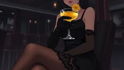 midle close up gray-toned, contrasting graphics, a lady in a black casual dress, black lace nice nylon stockings sitting on a bar chair in bar, holding a yellow mimosa cocktail in her long black gloved hand, atmospheric, strong contrasts, shadowy background, focus on the hand holding the cocktail, moody, pale ligts, anime style, cinematic