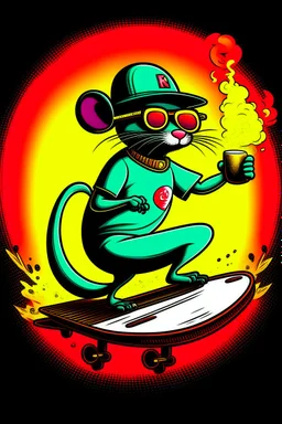 A rat on a skateboard, with glasses and a helmet; the rat laughs; fire coming from behind; cartoon style complementary colors, with the text "FISCALIA COLOMBIA"