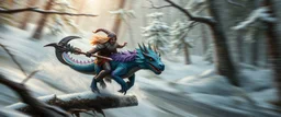 oil painting ,motion blur portrait of harpy - Forgotten Realms dodging cyberpunk armored dwarf with war half moon axe hammer with spikes, riding tiny furry blue and purple dragon above water and along winding branches in lush icy forest along speeding horses , bokeh like f/0.8, tilt-shift lens 8k, high detail, smooth render, down-light, unreal engine, prize winning