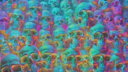 hundreds of anatomically correct, human skulls stacked into a wall unusual neon lighting, high octane, 64k, dystopian, vray, a picture of a dark, comedic, anatomically correct wall of colorful tightly packed skulls of varying sizes and expressions, photo-realistic, insanely meticulous, highly detailed,, 64k, dystopian, vray