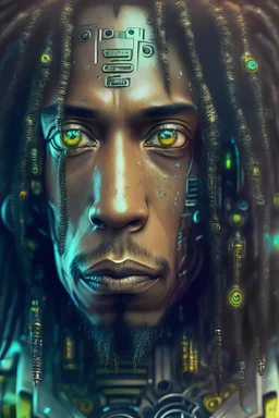 Centered portrait of an ultra detailed Mechanical Cyberpunk bob marley Android, looking into the camera, intricate, elegant, super highly detailed, smooth, sharp focus, no blur, no dof, extreme illustration, Unreal