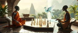alien levitating yoga monk chess masters playing serious glowing chess on hex map in lounge on beautiful lush planet with huge transparent bird glass pieces in fountain