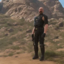 Walter White cyborg, 8k, tactical vest, helmet, gun.