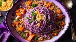 a bowl of purple glowing biryani