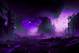 Destroyed City, Street View, Dense Purple Fog, Dead Soil, Broken Roads ,Black Night Sky, Stars, Space, Distant Alien Planets,