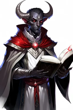 En Young male black skin tiefling fra dnd holding a book with Arcane Magic in a silver and White Rope and a silver cloak. His horn a perfectly place on acet from the front to the back pointing upwards with glowing Red cat Eyes. His close is elegant get simple. Holding an ice Crystal in his Right Hand