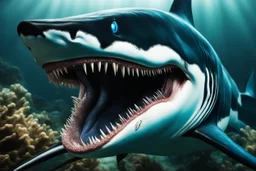 Huge Black shark in 8k venom drawing, symbiote effects, blue lights, sea, intricate details, highly detailed, high details, detailed portrait, masterpiece,ultra detailed, ultra quality