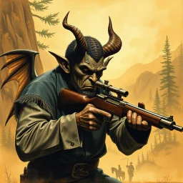 Western devil with a scoped old timey rifle fantasy art