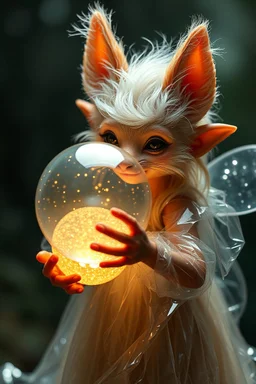 close up on glorious transparent transcendent cute hairy gremlin elf fairy fox holding ball wearing a night gown, built as bubble wrap art