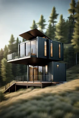 Medium-sized modern house made from shipping containers, on a hill overlooking the woods, photorealistic