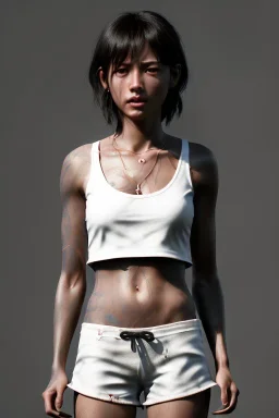 Ultra Realistic image, 25 years old brunette woman, Madrid, portrait, small stature, small chest, yakuza body tattoo, white broken cotton short undershirt, black latex short, akira anime style, night Tokio background, vibrant color, highly detailed, art stations, concept art, smooth, unreal engine 5, god rays, ray tracing, RTX, lumen lighting, ultra detail, volumetric lighting.