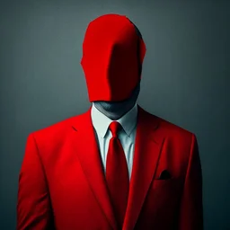 a man wearing a red suit with a red tie who is missing his face