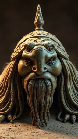 Turtle face with human look face and long hair and beard looks like an ancient Sumerian gods