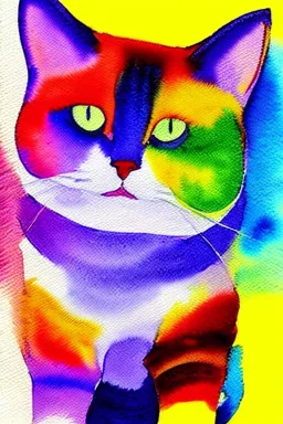 watercolor painting, happy cat, bright color,