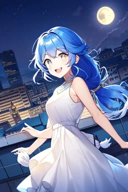 girl, masterpiece, best quality, cinematic lighting, detailed outfit, vibrant colors, perfect eyes, blue hair, long hair, white eyes, low tied hair, messy hair, white dress, night sky, rooftop, town, sparkle, laughing, moon,