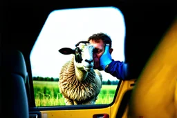 667711 portrait of a broken head mechanic, kissing a hybrid mixed body part sheep, fixing (far away old land rover 4x4 discovery 2) in the countryside