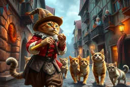 create "The Cat Pied Piper of Hamelin, whimsical and colorful Renaissance attire, playing a golden flute, leading playful and mischievous cats through vibrant, cobbled Renaissance streets, people on balconies laughing and pointing, surreal lighting, dreamlike vibe, highly detailed, vivid colors, painterly style, 8K, magical realism meets historical fiction --v 7 --ar 4:3 --style raw --q 2"