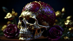 Micro kintsugi crimson decaying skull and roses, intricate detail, ultra-realistic, ultra-detailed, 8k--v 4, full shot, sharp focus