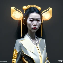 Cyber geisha, Woman, black hair, white skin, velvet dress, gold pattern dress, cyberpunk style, purpurin, highly detailed, art stations, concept art, smooth, unreal engine 5, god rays, ray tracing, RTX, lumen lighting, ultra detail, volumetric lighting, 3d, finely drawn, high definition, high resolution, gradient background