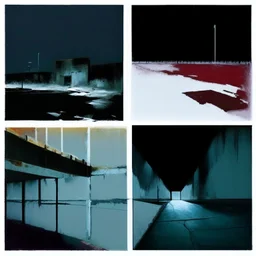 Minimal abstract oil paintings of a desolate concrete 1960s carpark. Road with distant Blurry lights. On the floor are concrete fragments and road markings . In the dark mysterious style of Justin Mortimer and Francis Bacon.