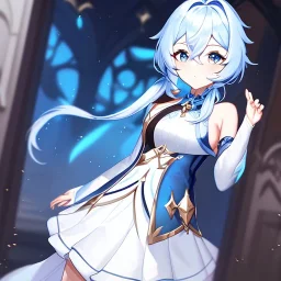 Clear focus, High resolution, long fluffy light blue hair, hair between eyes, long locks, wearing a detailed outfit, wearing a white skirt, wearing a sleeveless shirt, cutsleeves, fluffy character, genshin impact, (solo)