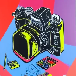 elements of photographic equipment. poster graphics. high detailed. acrylic painting and ink.