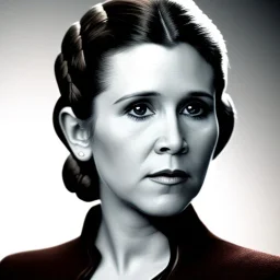 analog style photography, Beautiful photorealistic close up face of carrie fisher, soft ethereal skin, studio lighting, sharp brown eyes, dark plain background