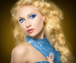 portrait of a beautiful blond woman fairy with long hair blue eyes and sparkling dress with diamonds