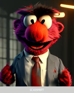 Realistic image, hybrid formed by simple Elmo muppet head and real human body, human arms and hands, Shirt and tie, concept art, smooth, unreal engine 5, god lights, ray tracing, RTX, lumen lighting, ultra detail, volumetric lighting, 3d, finely drawn, high definition, 4k.