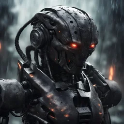 ominous rainy atmosphere. a close up portrait of a dark, evil combat robot holding a heavy plasma gun over its shoulder. photorealistic. the matrix meets the Borg, meets predator. armour plates. targeting components. it's approaching you from the shadows. it's battle damaged. some burn marks and scars. one eye is a laster targeting device. a round photoframe in similar style surrounds the portrait.