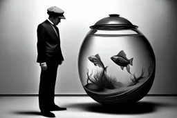 imitating analog photography in black and white, man with a fish tank instead of a head, three-piece suit, in a desert, realism, pen painting style