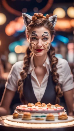 portrait of cute woman muzzled like a cat, baker of the highest advanced art cake sculpture during a casino game show, bokeh like f/0.8, tilt-shift lens 8k, high detail, smooth render, down-light, unreal engine, prize winning