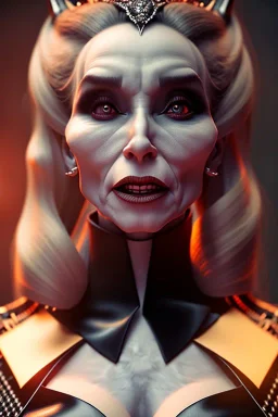 Constance Langdon as evil queen in black leather, leather, busty, cleavage, angry, stern look. character design by cory loftis, fenghua zhong, ryohei hase, ismail inceoglu and ruan jia. unreal engine 5, artistic lighting, highly detailed, photorealistic, fantasy