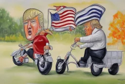 Painting, donald trump riding a tricycle