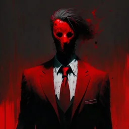 a sinister figure wearing a red suit with a red tie with no face and dirty hair